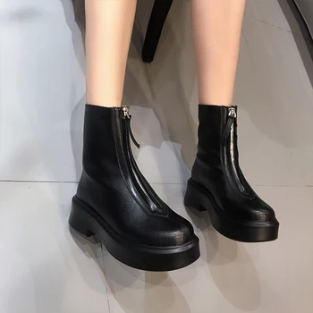

Ankle Boots women Genuine Leather Short Boots Ladies shoes Fashion Casual front zipper platform boots black