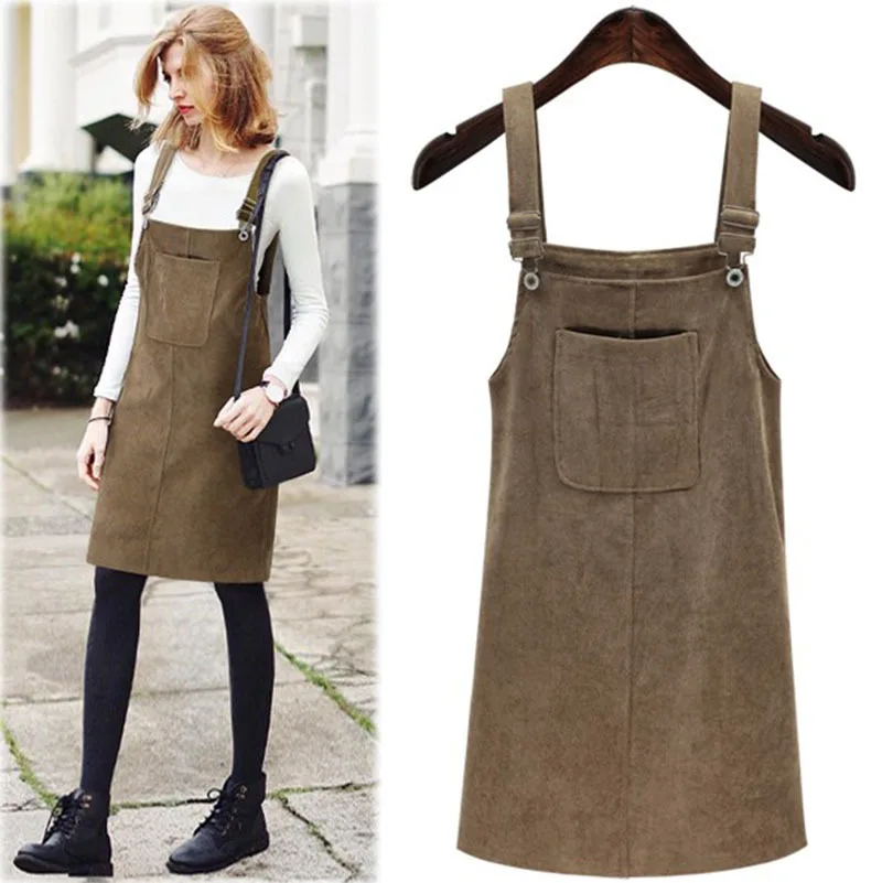 Women Skirts  Corduroy Suspender  Skirts  Square Neck Pocket  Skirt  Casual Solid Color  Female Skirts  Straight Skirts Womens