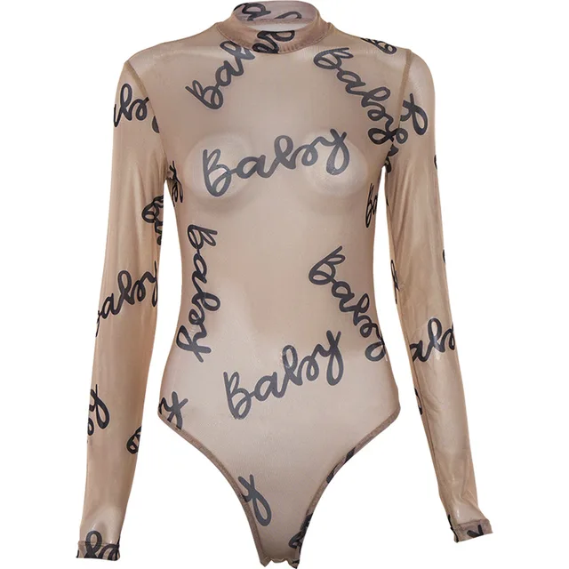  - 2020 Summer Sexy Letter Print Transparent Mesh Bodysuits Long Sleeve See Through Baby Bodycon Rompers Women Jumpsuits