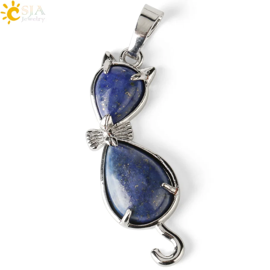 Lapis CSJA натуральный камень кошка животное кулон в форме капли воды Исцеление розовый с кварцевым тигровым глазом фиолетовый кристалл прекрасные ожерелья для женщин девочек G305 - Окраска металла: Lapis