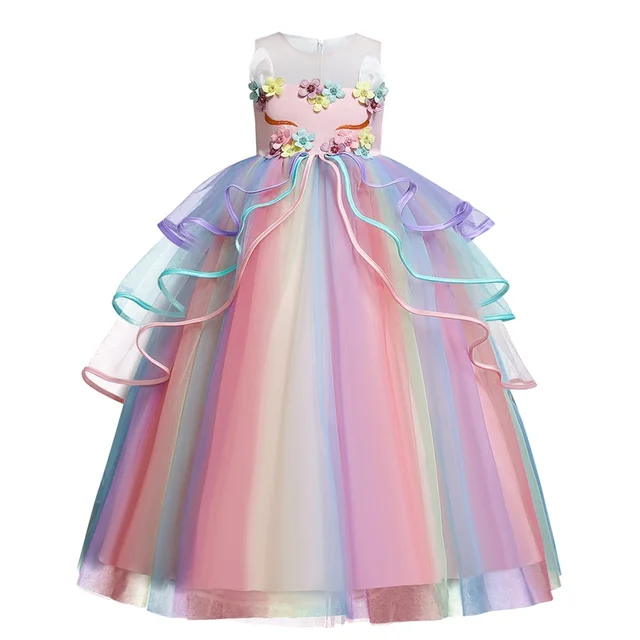 Fancy Baby Girl Rainbow Unicorn Girls Dress Party Elegant Children Kids Long Tutu Gown Princess Dresses Teen Girl 10 12 14 Years 2