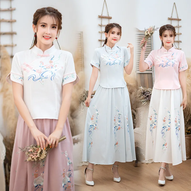 

Photo Shoot New Style Spring And Summer New Style of Linen Embroidery Short Sleeve Sleeve Shirt Tops WOMEN'S Dress Hipster Two-P