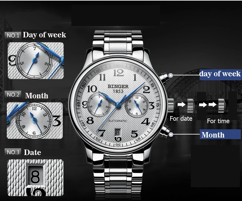 Швейцарские автоматические механические мужские часы сапфир Бингер люксовый бренд часы мужские Relogio водонепроницаемые мужские часы B-603-52