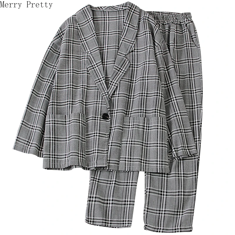 

Women's Blazer Suits Sets Two Piece Set Single Button Plaid Casual Blazer Elastic Waist Pants 2020 Spring New Pant Suits