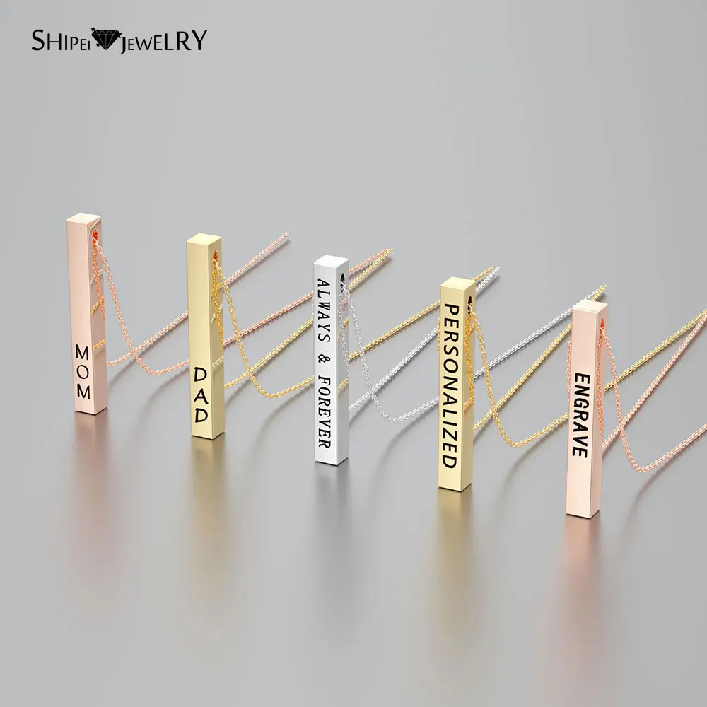 

Shipei 100% 925 Sterling Silver Custom Necklace Engraved Name Date Rectangle Pendant Vertical Bar Necklace for Women Men Gift