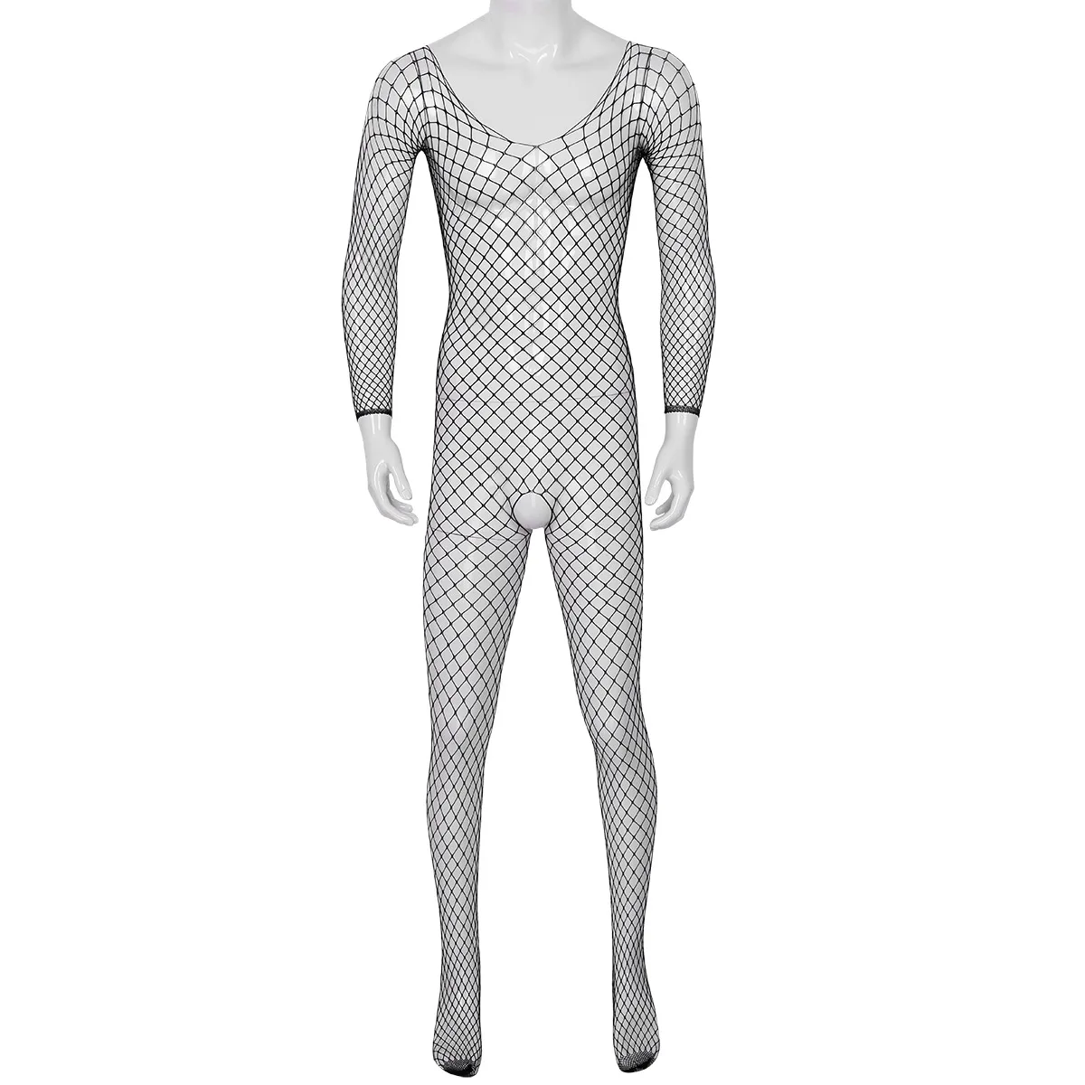 Men Sissy Crossdressing Lingerie See Through Gay Bodystocking Hollow Out/Crotchless Sheer Mesh Bodysuit Sexy Pantyhose Stockings