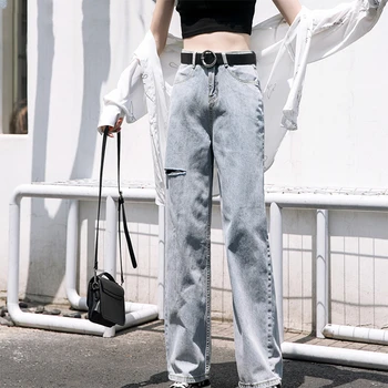 

High Waist Jeans Women Holes Straight Boyfriend Loose Denim Long Pants Jeans Vintage Femme Mujer Casual Streetwear Plus Size2019