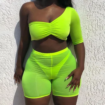 

BKLD Neon Green Bodycon Summer Matching Sets 2019 Sexy Women Short 2 Two Piece Sets Off Shoulder Crop Tops And Mesh Biker Shorts