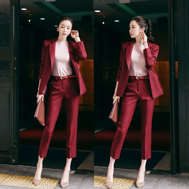 Осенний винно-Красный Блейзер Костюмы деловые комплекты из двух предметов Корейская Офисная Женская куртка с брюками офисные женские брюки костюм черный