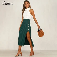 IClosam элегантная женская трикотажная юбка с пикантным разрезом на пуговицах осень-зима теплая трикотажная прямая юбка ребристая юбка средней длины 70 см