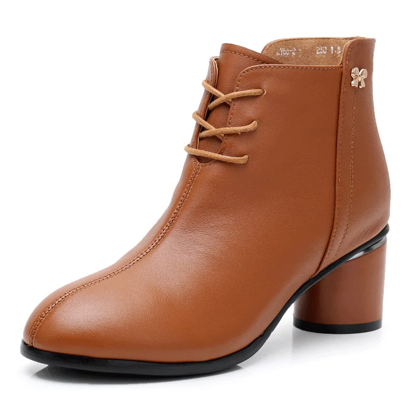 

Square Heel Genuine Leather Ankle Boots Women Autumn Lady Med High Heels Shoes Fashion Black Round Toe Lace Up Boots LL0024