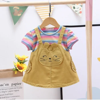 

3 Colors Cute Cartoon Cat Baby Girl Dress Fashion Rainbow Stripes Girls Dress Summer Casual Comfortable Cotton Baby Girl Clothes