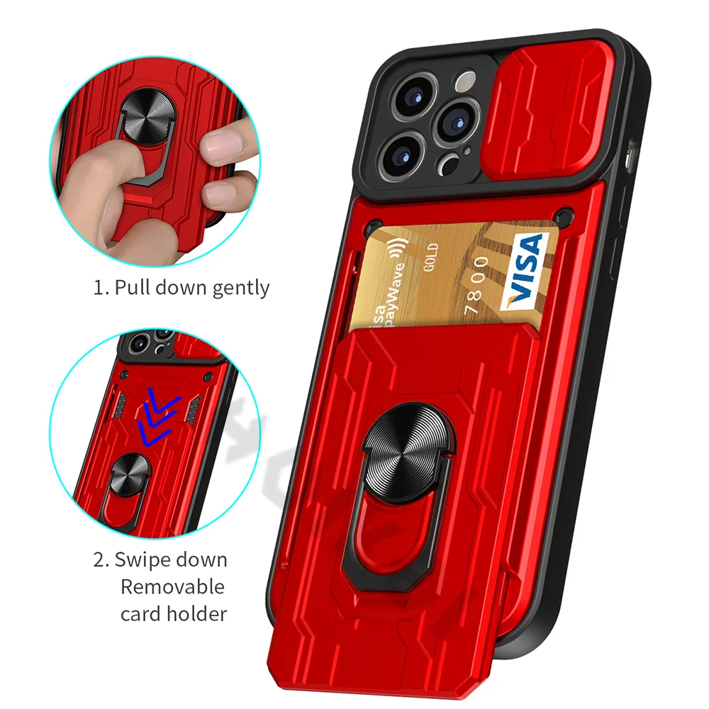 For iPhone 13 12 11 Pro Max Case Slide Stand Kickstand Ring Camera Military Grade Card Slot SE 2020 XR XS Max X XS 8 Plus Cover