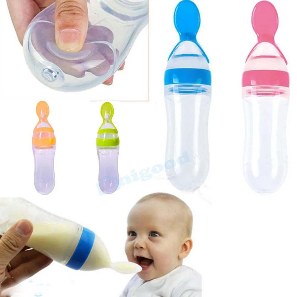 Newly 90ML Baby Cute Lovely Safety Utensils Infant Baby Silicone Feeding With Spoon Feeder Food Rice Cereal Bottle For Best Gift