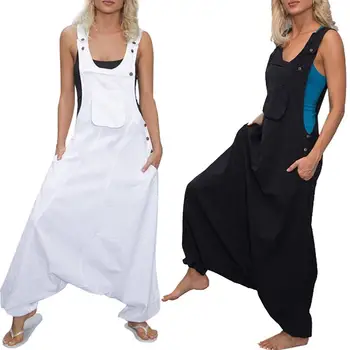 

Fashion Women U-Neck Sleeveless Low gear Pocket Button Loose Wide Leg Sling Jumpsuit female Fashion Overalls Jumpsuits women