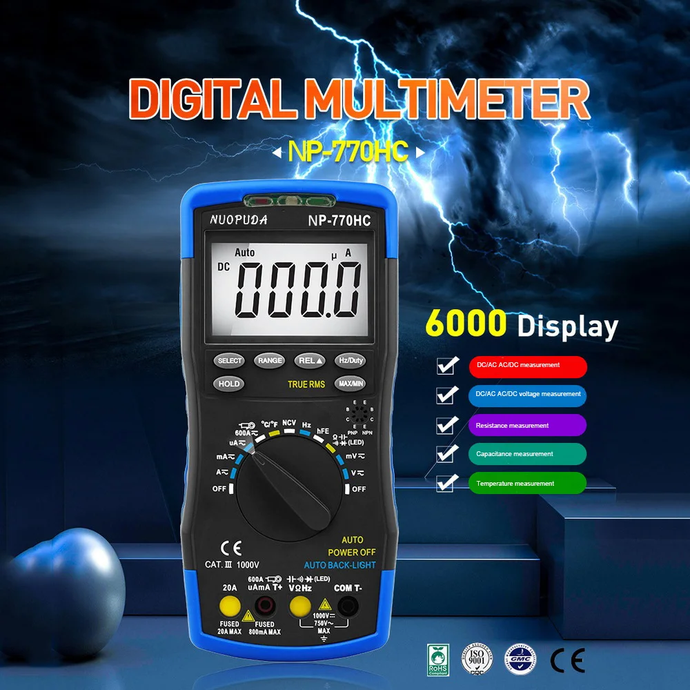 

Digital Multimeter Professional Car Test LCD High-Accuracy Auto Range True RMS 6000 Counts NCV AC DC Voltage Current Ohm Tester
