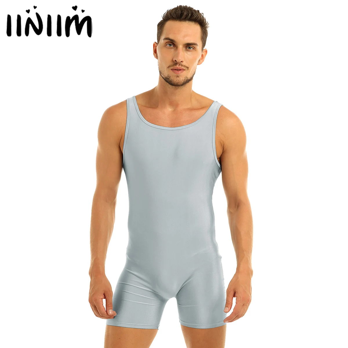Men's Solid Sleeveless Round Neck Tank Style Slim Fit One Piece Lingerie Casual Fitness Boxer Shorts Leotard Unitard Bodysuit | Мужская
