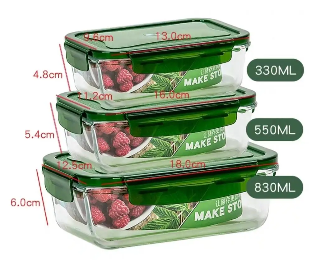 Портативный Здоровый стеклянный Ланч-бокс Bento коробки микроволновая посуда контейнер для хранения еды коробка для еды - Цвет: 3pcs green