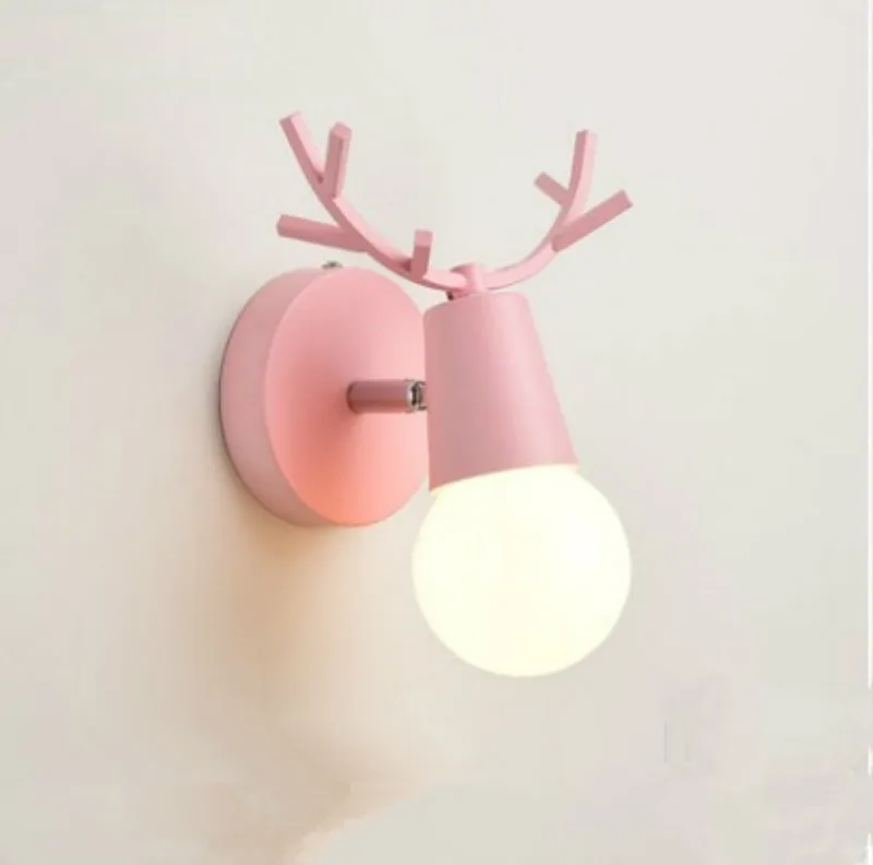 Скандинавские светодиодные E27 настенные лампы, цветные Мультяшные рога оленя, для спальни, для чтения, бра, настенный светильник для детской комнаты, настенный светильник - Цвет абажура: Pink