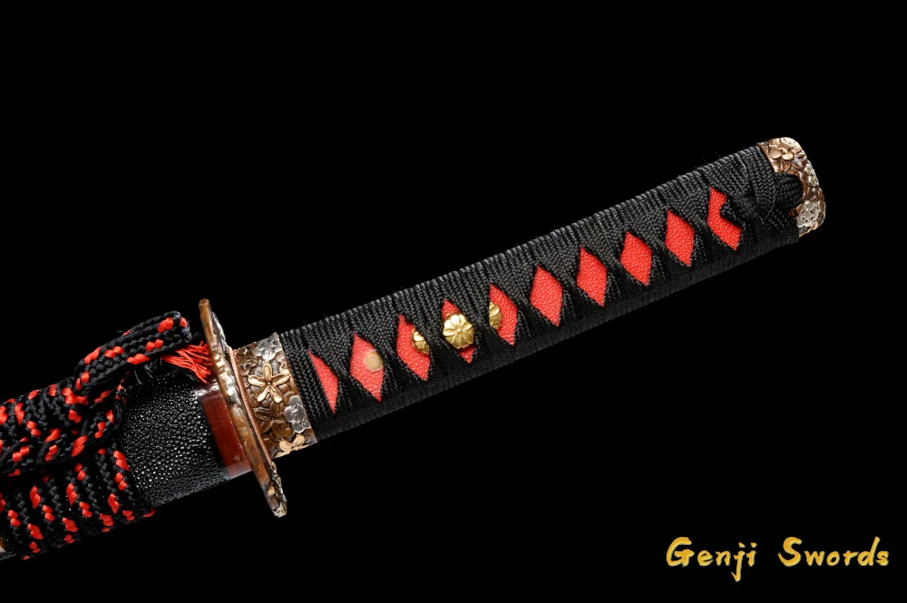 Ручная работа японская Сакура короткий Катана вакизаши 1095 углеродистая сталь глина-закаленный самурайский меч полная настоящая рыба кожа Saya с о