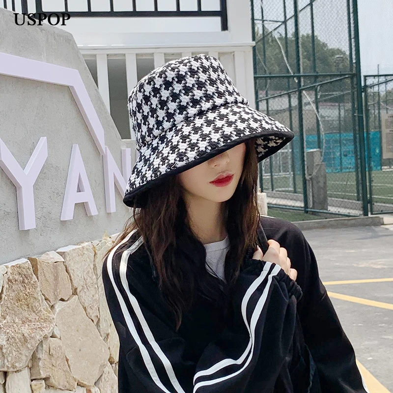 USPOP spring autumn hats women Black white plaid hats female tweed plaid bucket hats