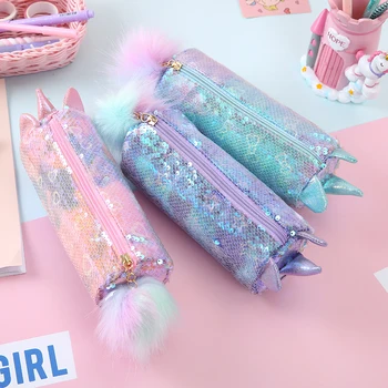 

Women Sequin Unicorn Cosmetic Bag Student Fur Ball Cartoon Glittering Pencil Case Girl Travel Love Star Bow Mermaid Washing Case