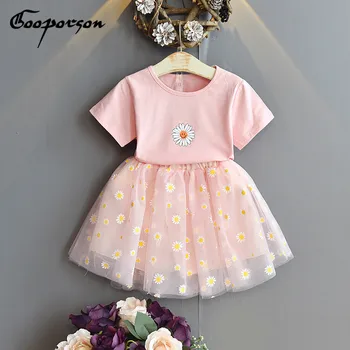 

Gooporson Girls Ruffle Outfits Summer Cute Flower Shirt&Embroidery Mesh Skirt Korean Little Children Clothing Set Kids Clothes