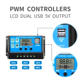 

12V 24V LCD Display Dual USB 5V Output Solar Panel Charger Controller PWM 60A 50A 40A 30A 20A 10A Charger