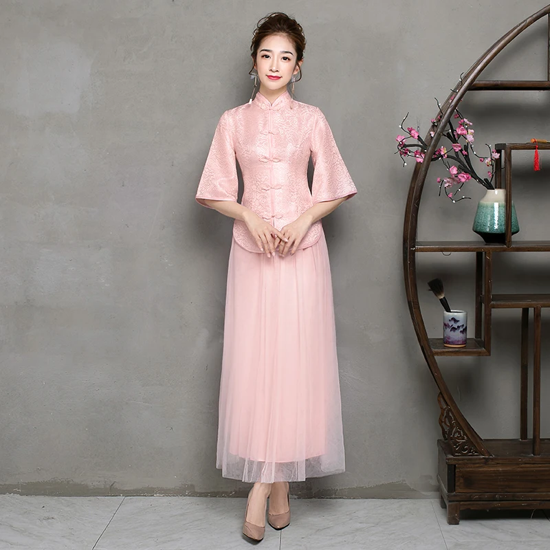 B2 long pink 2 шт./компл. Винтаж китайский Стиль Ретро тостов платье брак Cheongsam Qipao вечерние свадебное платье подружки невесты золото платье для выпускного вечера - Цвет: B2 long pink