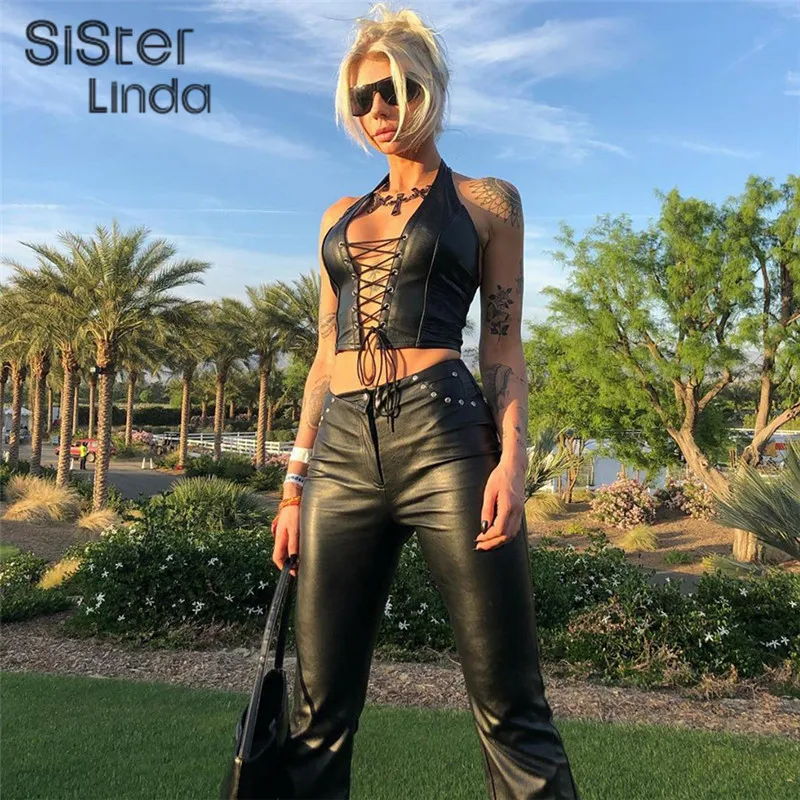 Sisterlinda, однотонный сексуальный укороченный топ на бретелях, Женский Бандаж из искусственной кожи, открытая укороченная майка Mujer, осенняя уличная одежда с открытыми плечами