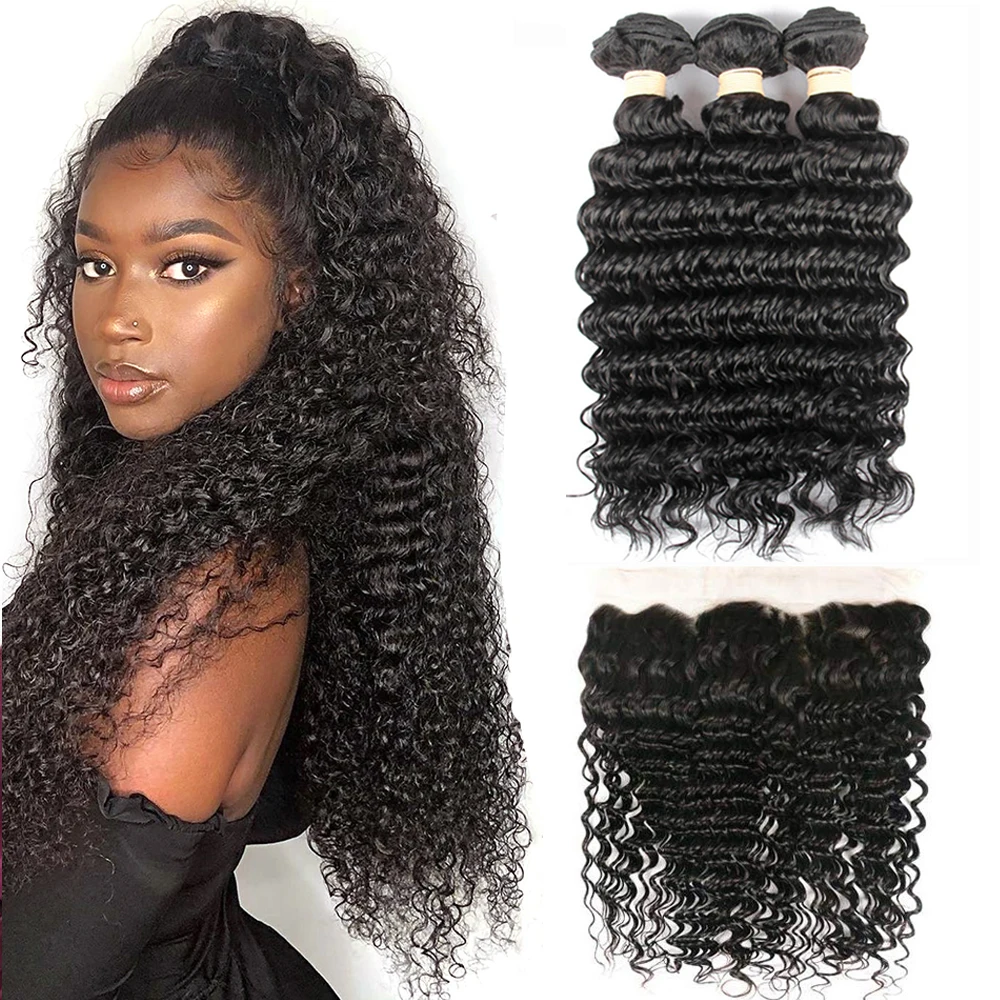 BEAUDIVA Deep Wave Brazilian Hair Weave 3 4 Bundles With 13X4 Lace Frontal Curly Double Weft Bundle And Closure | Шиньоны и парики