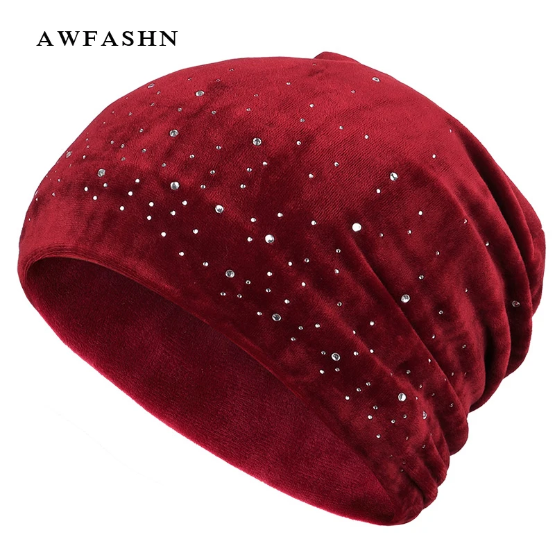 

2019 New Fashion Ladies Velvet Casual Hat Autumn Winter Women Rhinestone Beanie Shiny Hat Female Soft Cap Skullies Bonnet Gorro