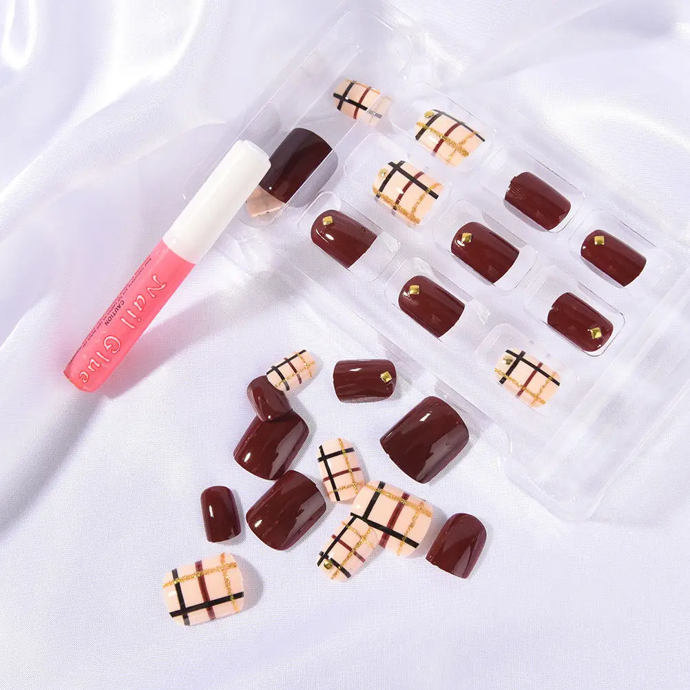 

False Nails Tips Elegant Wine Red Fake Nails Press on Nail Artificial Nail Tips with Glue