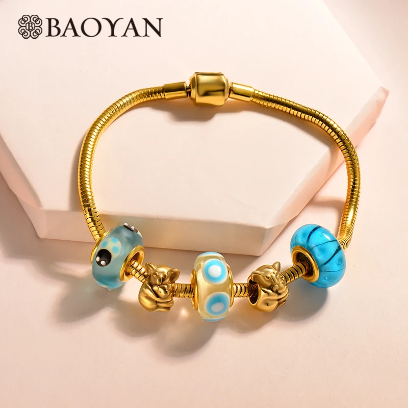 BAOYAN животное, амулет, браслет Femme модная цепочка-змейка DIY браслет с бусинами из кристаллов позолоченный браслет из нержавеющей стали для женщин - Окраска металла: SSBTG171-14865