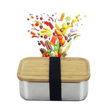 

Microwave Lunch Box Stainless Steel Wooden Lid Food Storage Container Japanese Style Bento Boxes Square Bamboo Cover Sushi Box