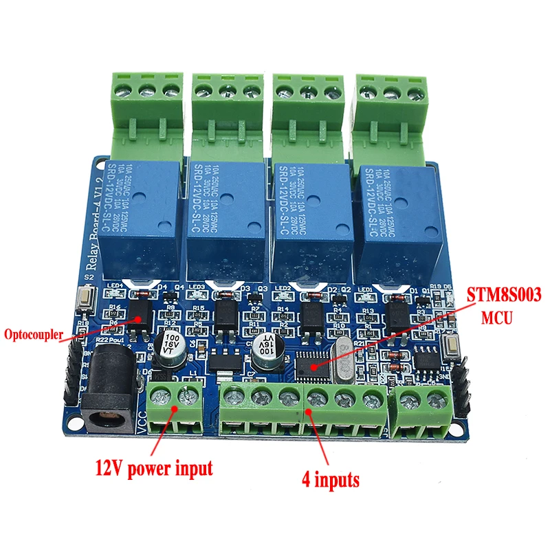 5 в 12 В Modbus RTU 4-Канальный Релейный модуль DIY STM8S103 система 4 дорожный вход 485 связь