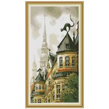 

Black cat on the roof counted printed on the canvas 11CT 14CT DIY kit Cross Stitch embroidery needlework Sets home decor