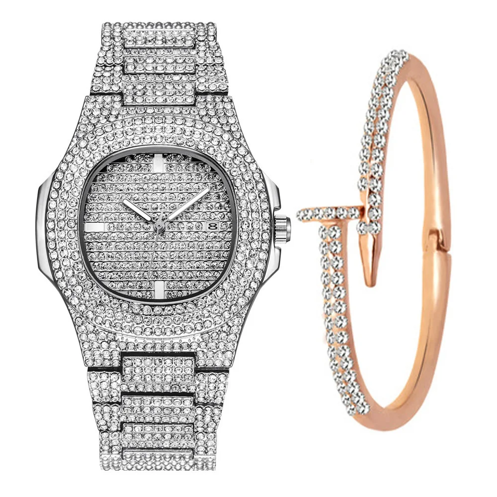 

Luxury diamond encrusted calendar quartz watch for men in Middle East -2pcs/set