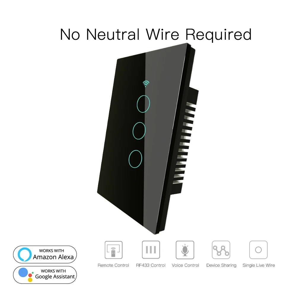 3 Gang Black RF433 WiFi умный настенный сенсорный выключатель без нейтрального провода, нужен умный Однопроводной настенный переключатель, работающий с Alexa Google Home 170-250 В - Комплект: 3 Gang Black