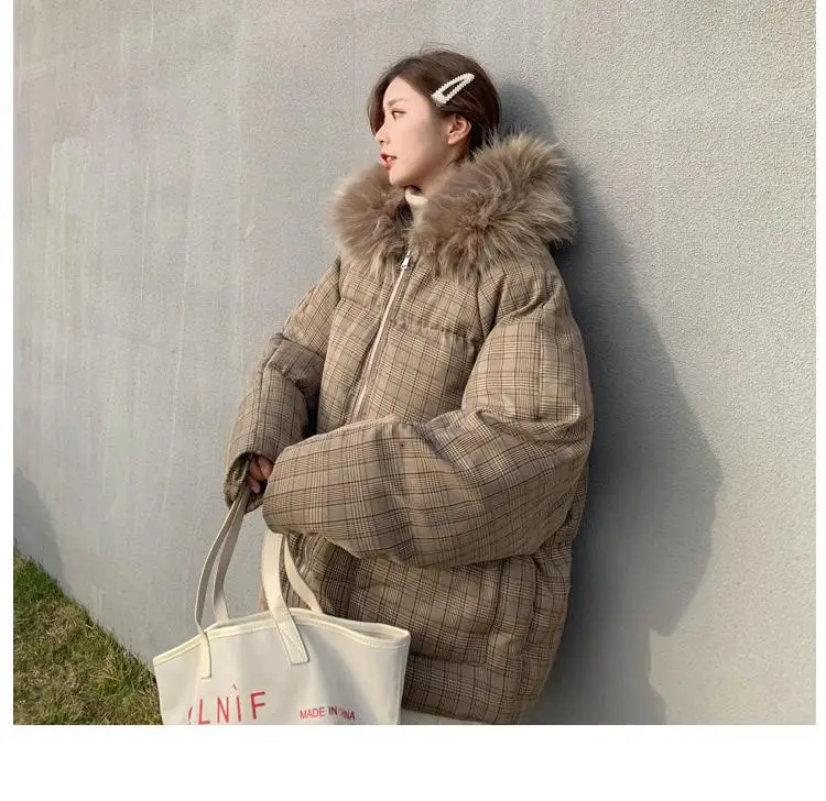 Large Fur Collar Plaid Cotton Coat Women's Short Korean-style New Style Students down Coat CHIC Cotton-padded Jacket Loose