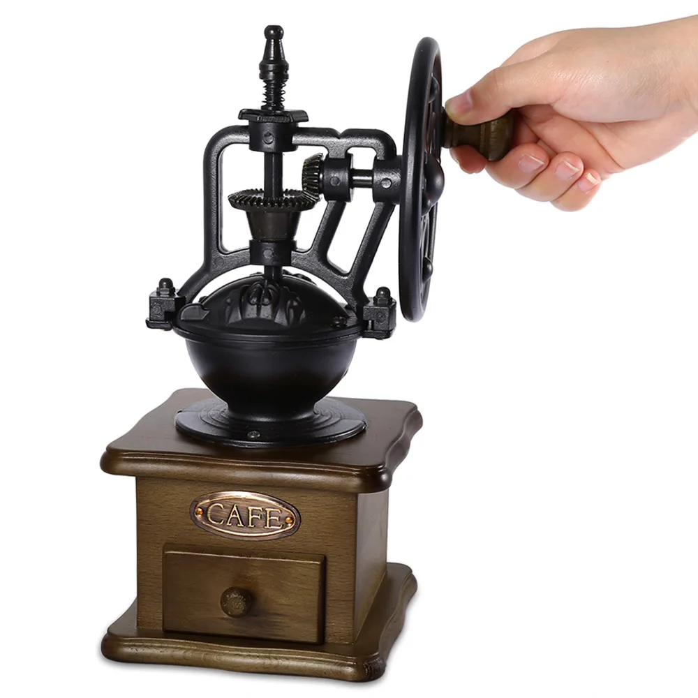 Vintage Manual Coffee Grinder Wooden Coffee Bean Mill Grinding Wheel Design Handle Coffee Maker with Ceramic Movement