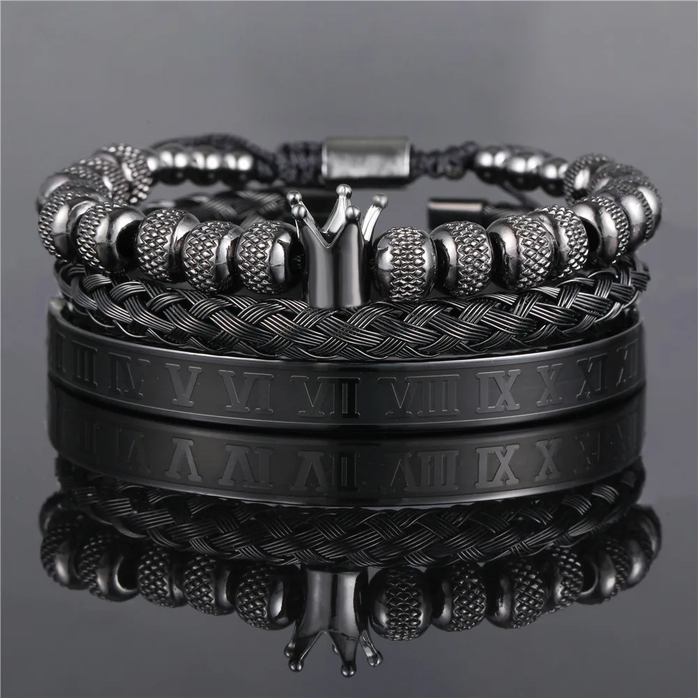 Stainless Steel Bracelet Jewelry Set For Men Luxury Royal King Crown Macrame Roman Couple Gift