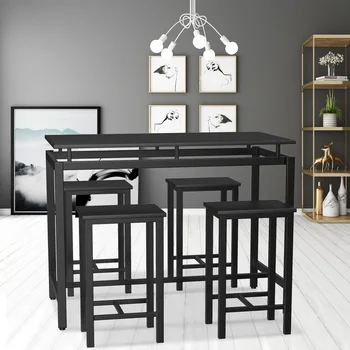 

5-piece Kitchen Table Set 1 Dining Desk 4 Stools Black Wood Grain Veneer Stylish Simple Furniture For Living Room Restaurant