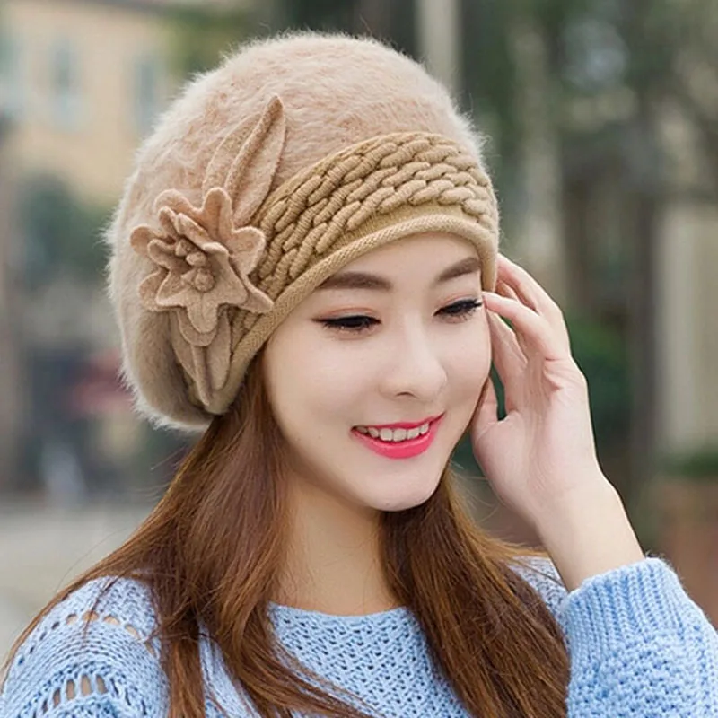 Новое поступление элегантные женские вязаные шапки шапка с кроличьим мехом осенне-зимние береты женские модные вязаные шапочки Берет шапка