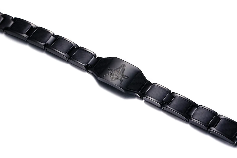 21.5cm Black Masonic Stainless Steel Bracelet with Magnets Carbon Fiber For Men Hip Hop Style Polished Bracelets Chain Jewelry