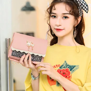 

2019 New Summer Ladies Girls Crossbody Bag Cute Cat Pearl Pendant Sequin Small Wild Shoulder Messenger Bag bolsa feminina