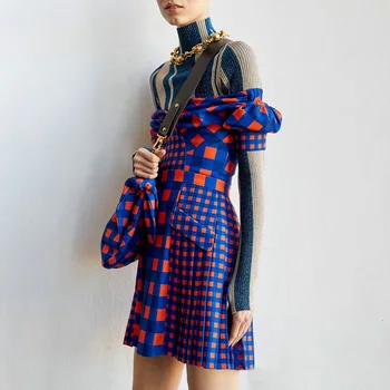 

Plaid Dress Off Shoulder Colorblock Strapless High Waist Slim Mini Dress Women