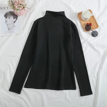 

Fashion Women solid Turtleneck Milk Silk Pullovers Bottoming T Shirt Trendy Long Sleeve Slim Fit Basic Tee Tops Black