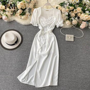 

YuooMuoo Europe Romance Retro Dress Women Elegant White Square Collar Long Party Dress Fashion Puff Sleeve Split Maxi Dress Lady