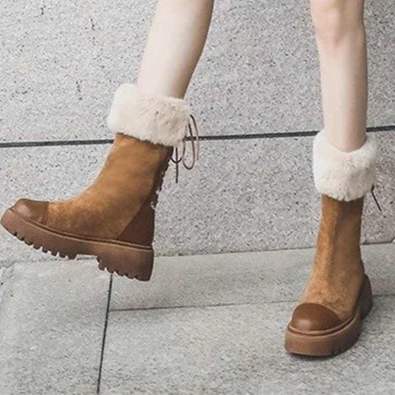 

Women's Snow Boots Shoes Winter Flock Warm Plush Mid-calf boots Lace Up Faux Fur Non Slip Thick Bottom 2020 New Female Footwear